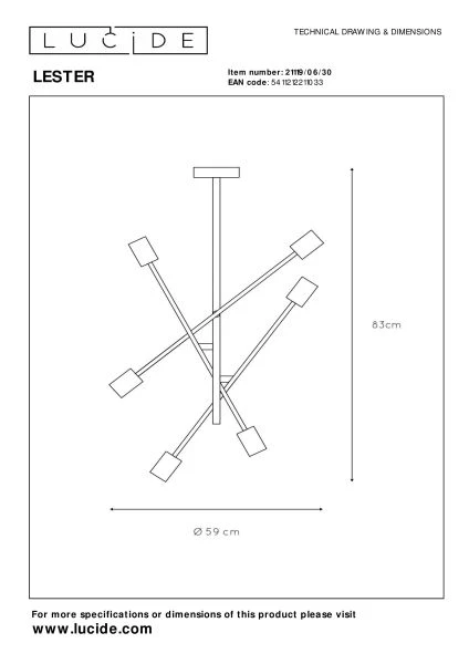 Lucide LESTER - Plafonnière - 6xE27 - Zwart - technisch